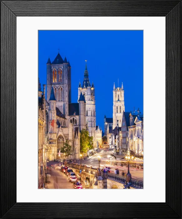 Framed Print : Elevated view of Ghent river with the waterfront buildings reflecting in the water canal Framed Print : Elevated view of Ghent river with the waterfront buildings reflecting in the water canal