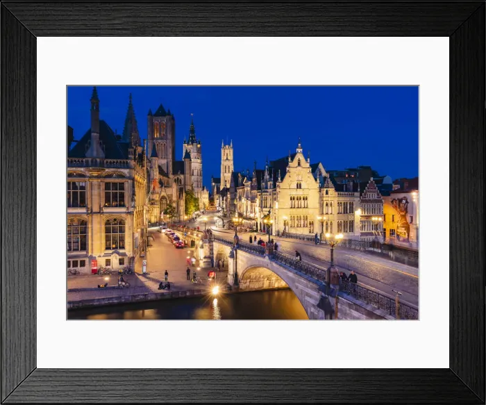 Framed Print : Elevated view of Ghent river with the waterfront buildings reflecting in the water canal