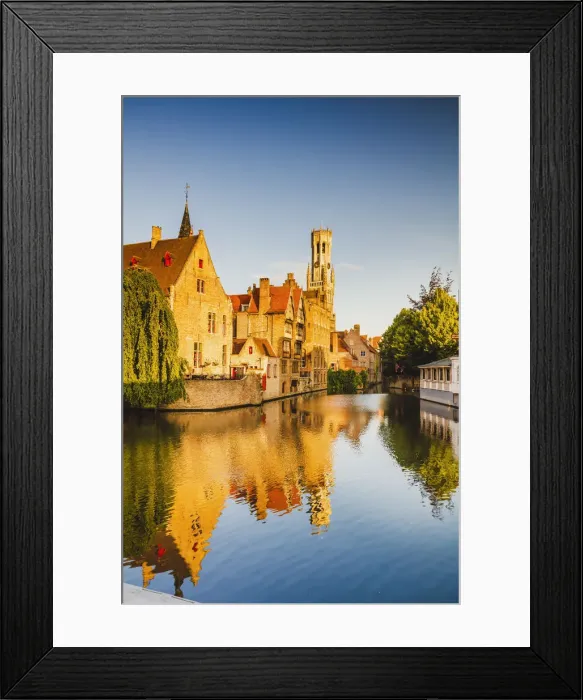 Framed Print : View of Bruges old town reflecting in the water canal at sunrise, Belgium
