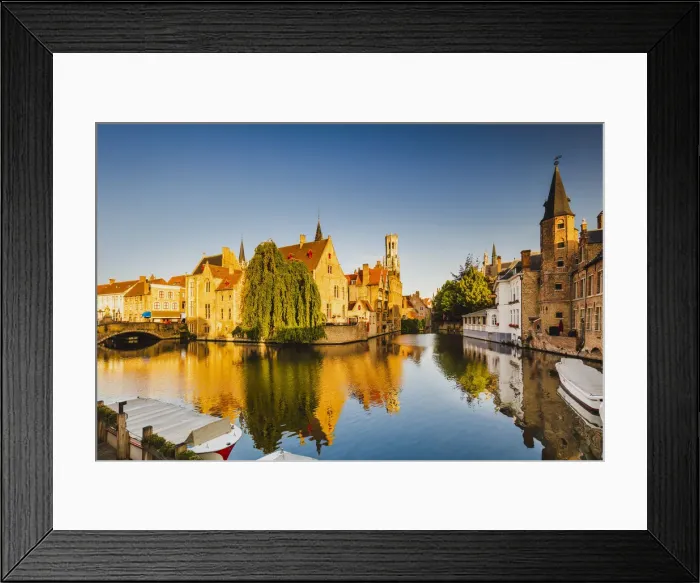 Framed Print : View of Bruges old town reflecting in the water canal at sunrise, Belgium Framed Print : View of Bruges old town reflecting in the water canal at sunrise, Belgium