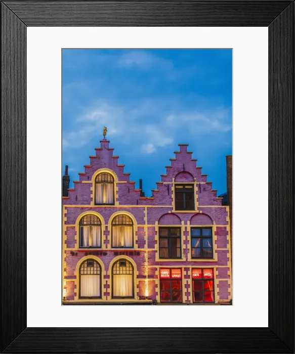 Framed Print : Details of the typical colored houses facades in Markt square in Bruges by night, Belgium Framed Print : Details of the typical colored houses facades in Markt square in Bruges by night, Belgium