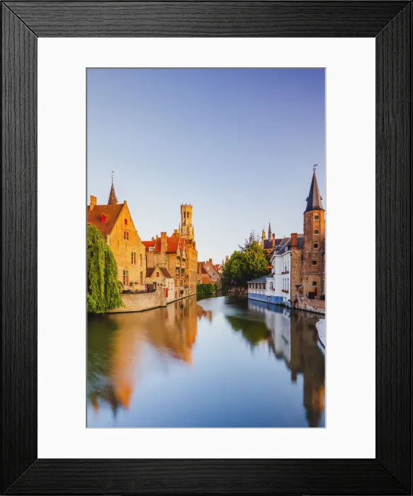 Framed Print : View of Bruges old town reflecting in the water canal at sunrise, Belgium