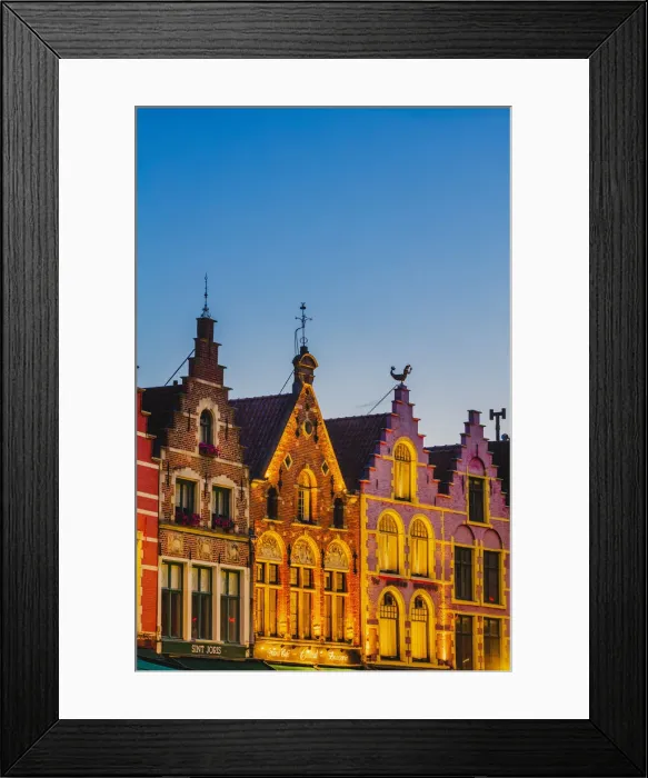 Framed Print : Detail of the colored houses facades in Markt Square in Bruges by night, Belgium Framed Print : Detail of the colored houses facades in Markt Square in Bruges by night, Belgium