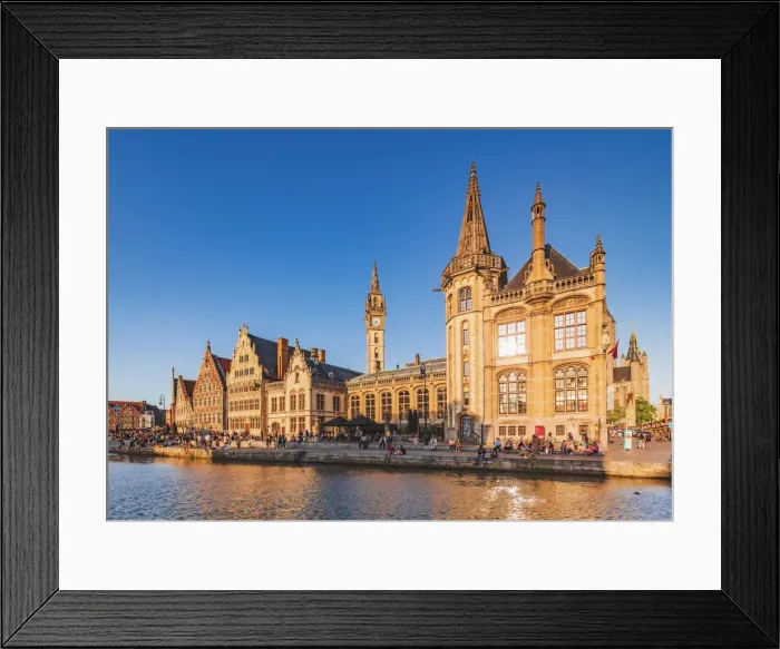 Framed Print : View of the waterfront buildings in Ghent reflecting in the water canal at sunset Framed Print : View of the waterfront buildings in Ghent reflecting in the water canal at sunset