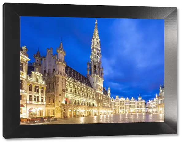 Panoramic view of Grand Place in Brussels by night, Belgium