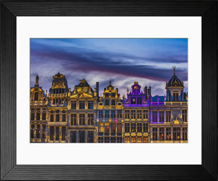 Framed Print : Facade of the typical buildings on Grand Place in Brussels by night, Belgium Framed Print : Facade of the typical buildings on Grand Place in Brussels by night, Belgium