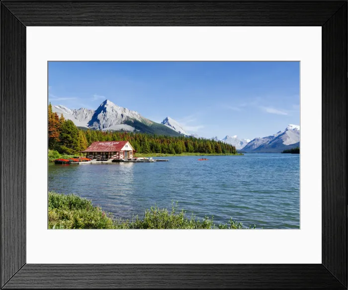 Framed Print : Maligne Lake Boat House with canoa and blue sky, Jasper National Park, Alberta, Canada Framed Print : Maligne Lake Boat House with canoa and blue sky, Jasper National Park, Alberta, Canada