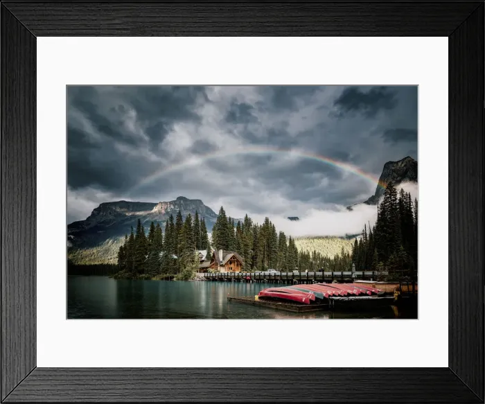 Framed Print : Emerald Lake in the Canadian Rockies, British Columbia, Canada. Canoa at sunset