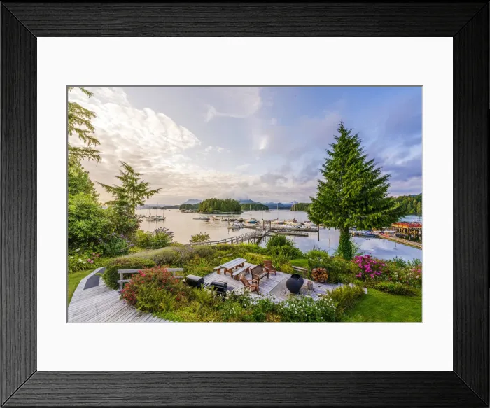 Framed Print : Tofino harbour at sunset, eco lodge view and Clayoquot Sound in background Framed Print : Tofino harbour at sunset, eco lodge view and Clayoquot Sound in background