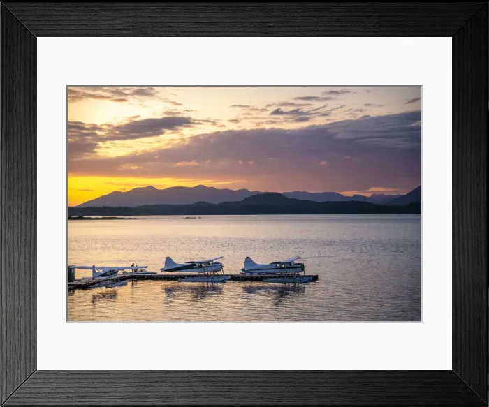 Framed Print : Seaplanes and dock at sunset in Tofino, Vancouver Island, British Columbia, Canada