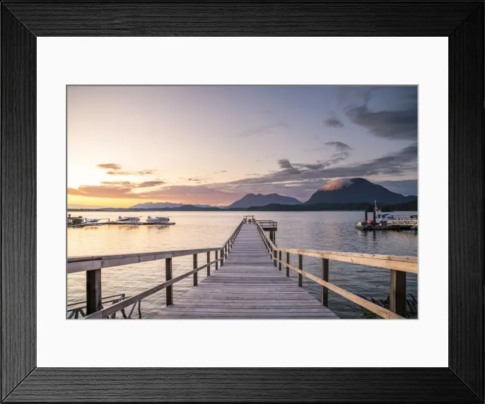 Framed Print : Seaplanes and dock at sunset in Tofino, Vancouver Island, British Columbia, Canada Framed Print : Seaplanes and dock at sunset in Tofino, Vancouver Island, British Columbia, Canada