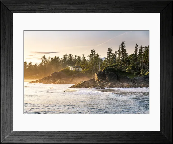Framed Print : Cox Bay beach and surfers at sunset, Tofino, British Columbia, Vancouver Island, Canada Framed Print : Cox Bay beach and surfers at sunset, Tofino, British Columbia, Vancouver Island, Canada