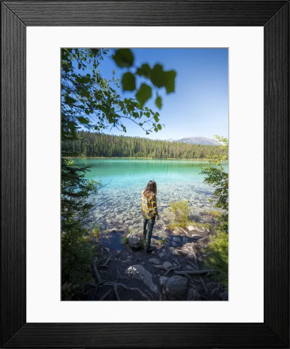 Framed Print : Woman admiring Second lake at Valley of Five Lakes, Jasper, Canadian Rockies, Canada Framed Print : Woman admiring Second lake at Valley of Five Lakes, Jasper, Canadian Rockies, Canada