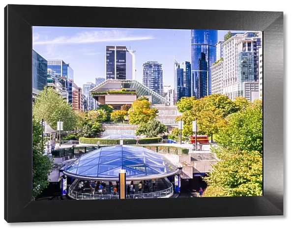 Robson Square, skyline and green trees in Vancouver, Brithsh Columbia, Canada