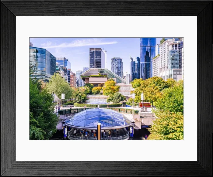 Framed Print : Robson Square, skyline and green trees in Vancouver, Brithsh Columbia, Canada Framed Print : Robson Square, skyline and green trees in Vancouver, Brithsh Columbia, Canada