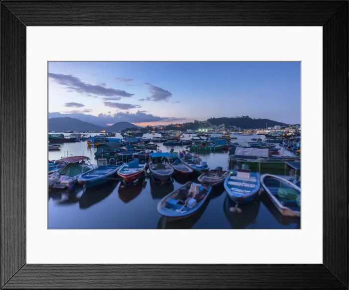 Framed Print : Fishing boats in harbour at sunset, Cheung Chau, Hong Kong Framed Print : Fishing boats in harbour at sunset, Cheung Chau, Hong Kong