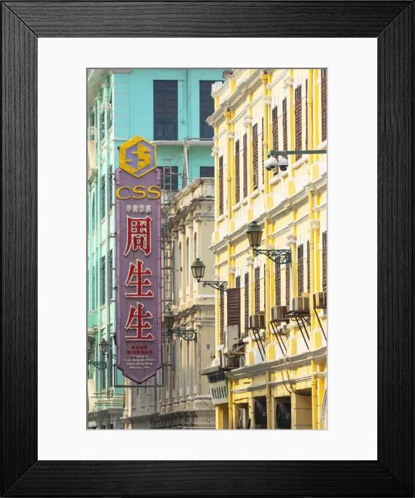 Framed Print : Chinese sign and colonial buildings, Macau, China Framed Print : Chinese sign and colonial buildings, Macau, China