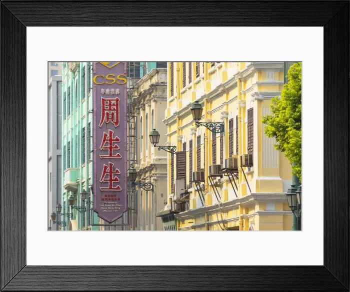 Framed Print : Chinese sign and colonial buildings, Macau, China Framed Print : Chinese sign and colonial buildings, Macau, China