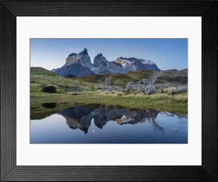 Framed Print : Los Cuernos mountains reflecting in a puddle after sunset, Torres del Paine National Park Framed Print : Los Cuernos mountains reflecting in a puddle after sunset, Torres del Paine National Park