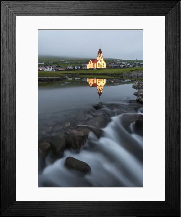 Framed Print : Church and river of Sandavagur at dusk, Vagar island, Faroe Islands, Denmark, Europe Framed Print : Church and river of Sandavagur at dusk, Vagar island, Faroe Islands, Denmark, Europe