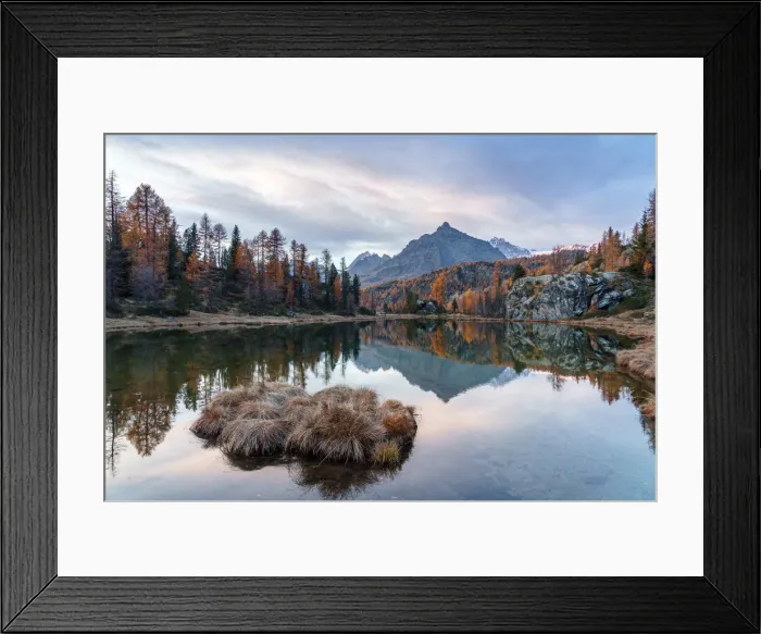 Framed Print : Sasso Moro peak reflected in Mufule lake at twilight, Malenco Valley, Valtellina Framed Print : Sasso Moro peak reflected in Mufule lake at twilight, Malenco Valley, Valtellina