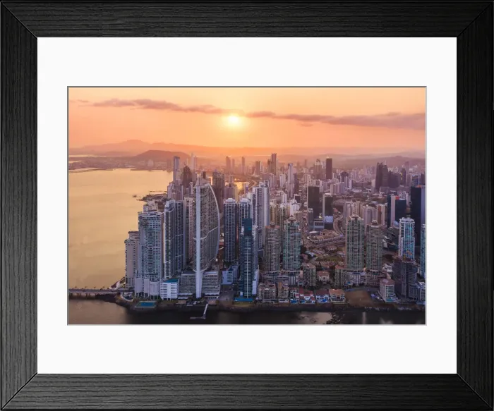 Framed Print : Aerial view of Panama City skyscrapers at sunset. Panama City, Panama, Central America