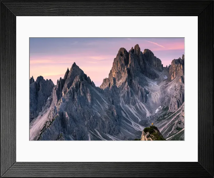 Framed Print : One person admires the Cadini di Misurina mountain range, Auronzo di Cadore, Belluno Framed Print : One person admires the Cadini di Misurina mountain range, Auronzo di Cadore, Belluno