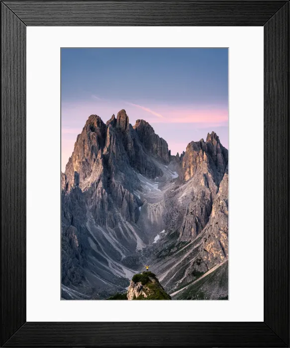 Framed Print : One person admires the Cadini di Misurina mountain range, Auronzo di Cadore, Belluno Framed Print : One person admires the Cadini di Misurina mountain range, Auronzo di Cadore, Belluno