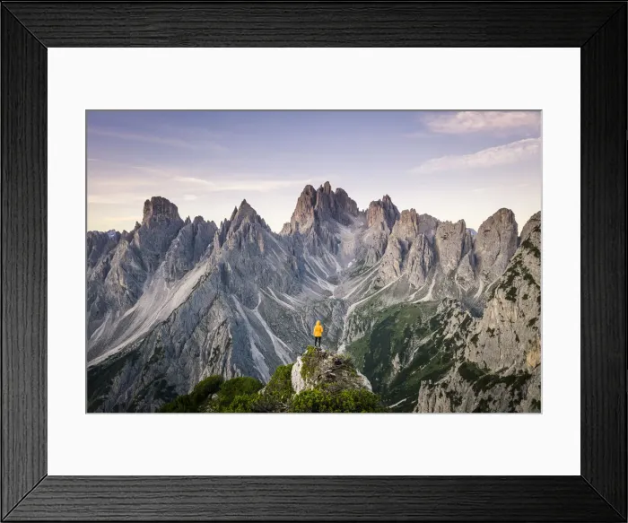 Framed Print : One person admires the Cadini di Misurina mountain range, Auronzo di Cadore, Belluno Framed Print : One person admires the Cadini di Misurina mountain range, Auronzo di Cadore, Belluno