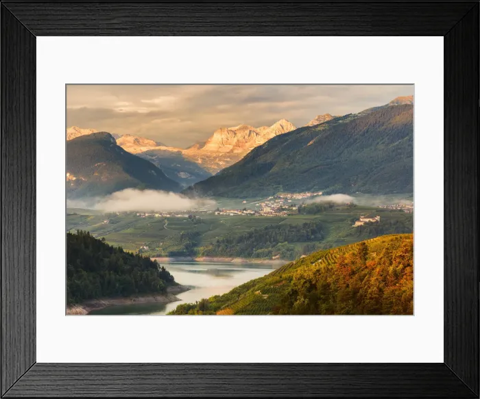Framed Print : Sunrise on Santa Giustina lake and Brenta group Dolomites, Non valley, Trento province Framed Print : Sunrise on Santa Giustina lake and Brenta group Dolomites, Non valley, Trento province