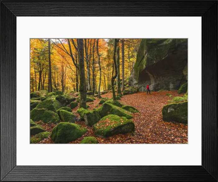 Framed Print : Hiker looks at the big rock of Bagni di Masino forest in Autumn time, Val Masino Framed Print : Hiker looks at the big rock of Bagni di Masino forest in Autumn time, Val Masino