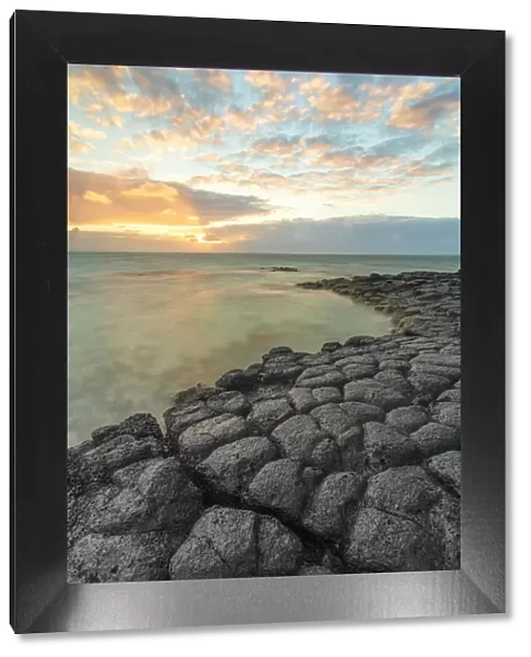 a magical sunrise whit basaltic stone, Trou d Eau Douce, Mauritius, Indian Ocean