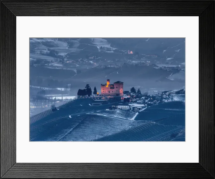 Framed Print : Langhe, Cuneo district, Piedmont, Italy. Langhe wine region winter snow