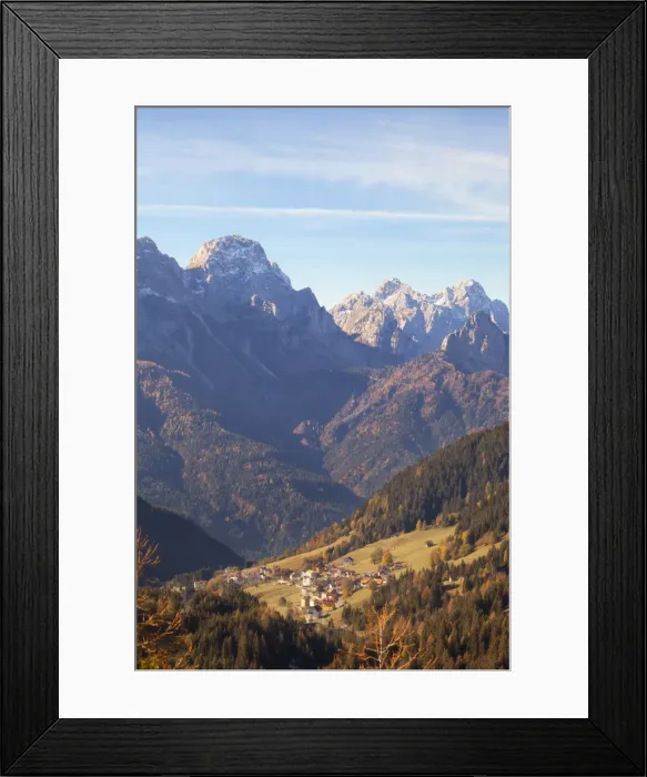 Framed Print : The small village of Collina seen from the valley under Volai Pass, Carnic Alps Framed Print : The small village of Collina seen from the valley under Volai Pass, Carnic Alps