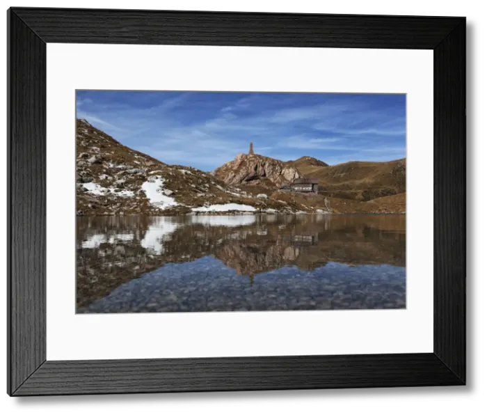 Framed Print : Volaia Lake with the refuge during a autumn day, Carnic Alps, Lesachtal, Carinthia