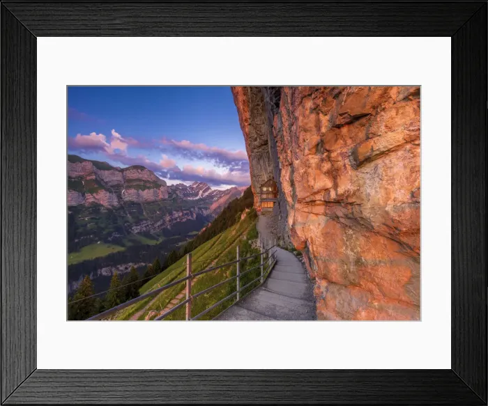 Framed Print : Red light of sunrise at Berggasthaus Aescher, Canton of Appenzell, Alpstein, Switzerland Framed Print : Red light of sunrise at Berggasthaus Aescher, Canton of Appenzell, Alpstein, Switzerland