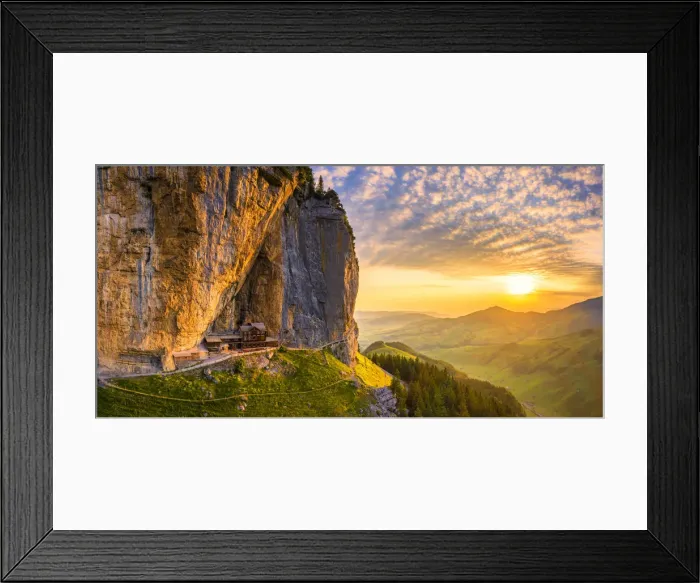 Framed Print : Aerial view of Berggasthaus Aescher at sunrise, Canton of Appenzell, Alpstein Framed Print : Aerial view of Berggasthaus Aescher at sunrise, Canton of Appenzell, Alpstein