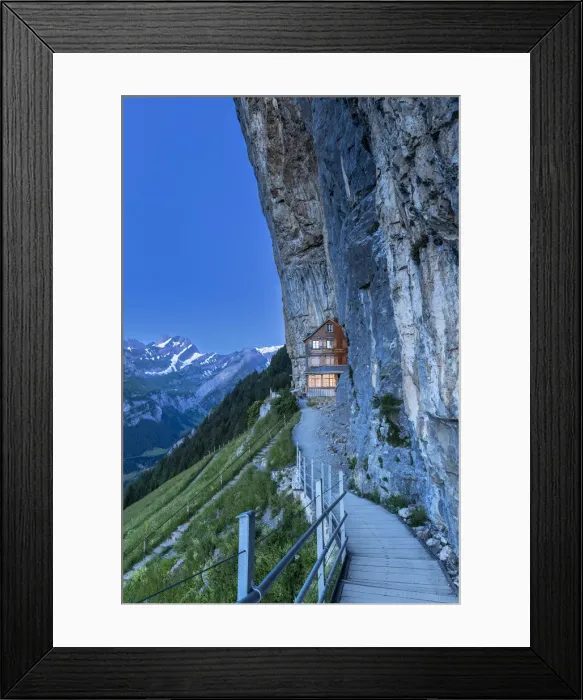 Framed Print : Twilight at Berggasthaus Aescher, Canton of Appenzell, Alpstein, Switzerland, Europe Framed Print : Twilight at Berggasthaus Aescher, Canton of Appenzell, Alpstein, Switzerland, Europe