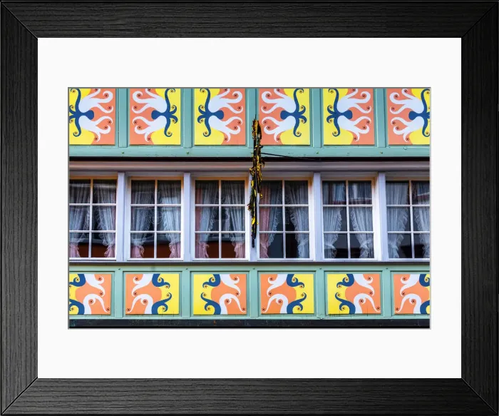 Framed Print : Decorations on the facades of village houses, Appenzell, Canton of Appenzell, Alpstein