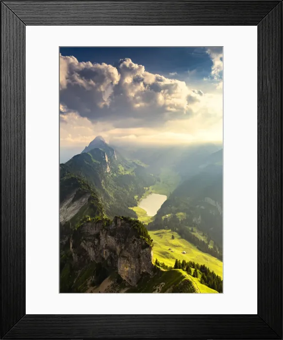 Framed Print : Misty landscape from Hoher Kasten, Canton of Appenzell, Alpstein, Switzerland, Europe Framed Print : Misty landscape from Hoher Kasten, Canton of Appenzell, Alpstein, Switzerland, Europe