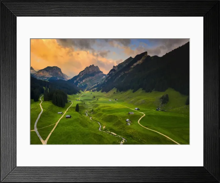 Framed Print : Colourful sunrise in the valley, Canton of Appenzell, Alpstein, Switzerland, Europe Framed Print : Colourful sunrise in the valley, Canton of Appenzell, Alpstein, Switzerland, Europe
