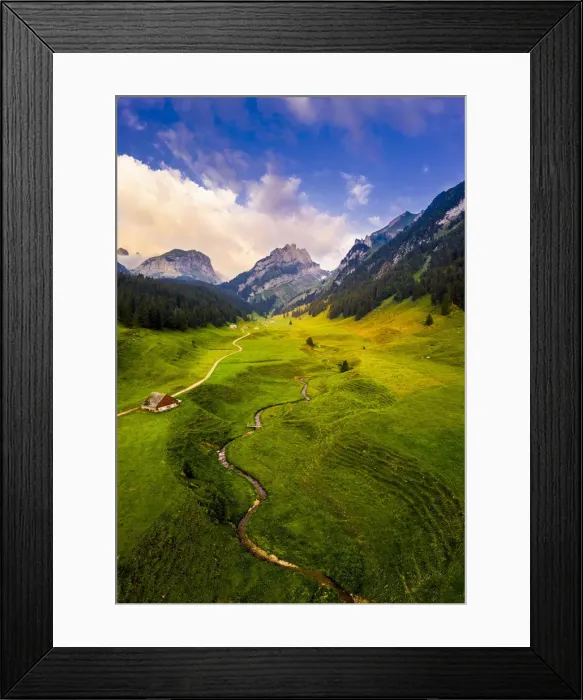 Framed Print : Aerial view of winding torrent. Canton of Appenzell, Alpstein, Switzerland, Europe