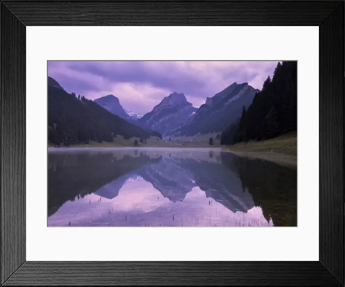 Framed Print : Mountains are reflected in the Samtisersee at sunrise, Canton of Appenzell, Alpstein Framed Print : Mountains are reflected in the Samtisersee at sunrise, Canton of Appenzell, Alpstein