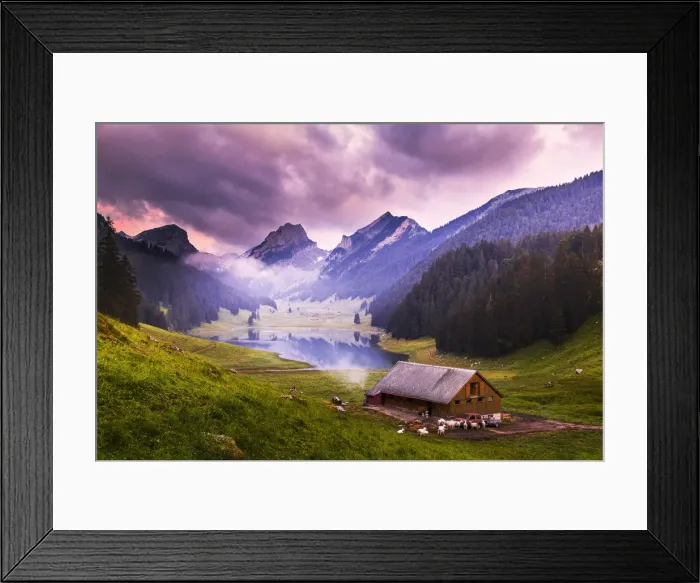 Framed Print : Farm with Samtisersee during pink sunrise, Canton of Appenzell, Alpstein, Switzerland Framed Print : Farm with Samtisersee during pink sunrise, Canton of Appenzell, Alpstein, Switzerland