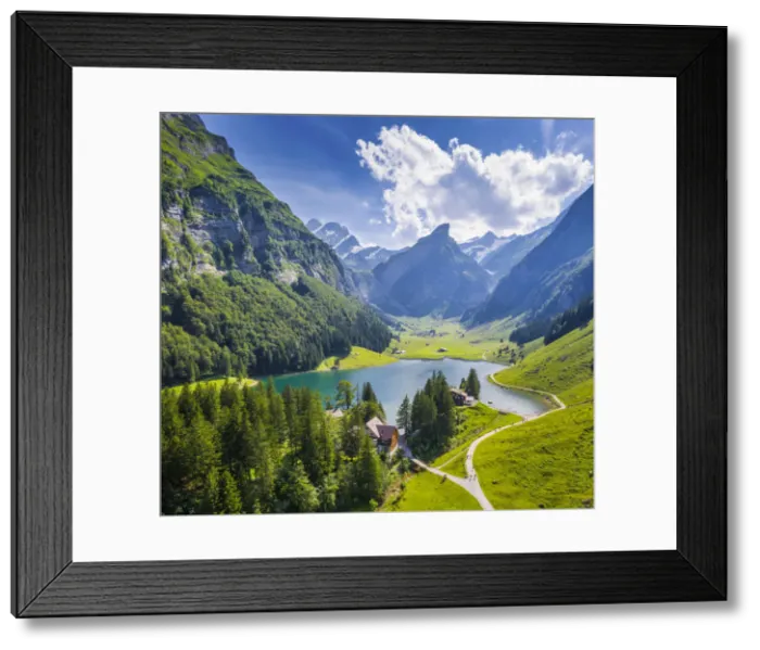 Framed Print : Aerial view of Seealpsee, Canton of Appenzell, Alpstein, Switzerland, Europe Framed Print : Aerial view of Seealpsee, Canton of Appenzell, Alpstein, Switzerland, Europe