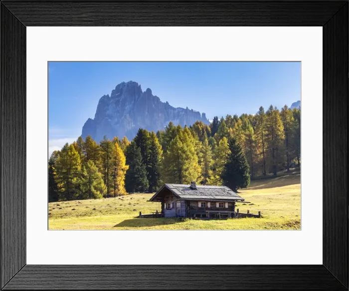 Framed Print : A traditional hut with the Sassolungo in the background