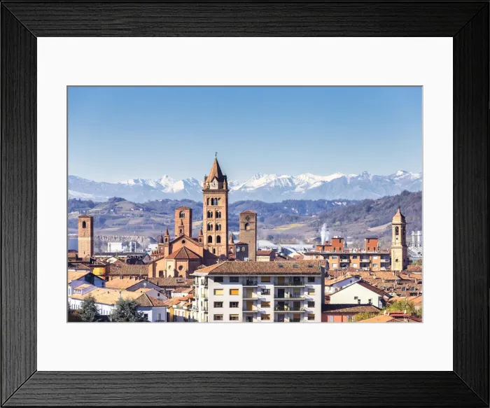 Framed Print : Skyline of Alba with Alps in the background. Village of Alba, Piedmont, Italy, Europe Framed Print : Skyline of Alba with Alps in the background. Village of Alba, Piedmont, Italy, Europe