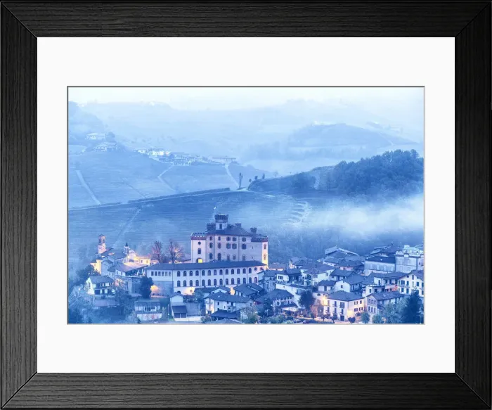 Framed Print : Castle and village of Barolo during a foggy dusk. Barolo wine region, Langhe, Piedmont