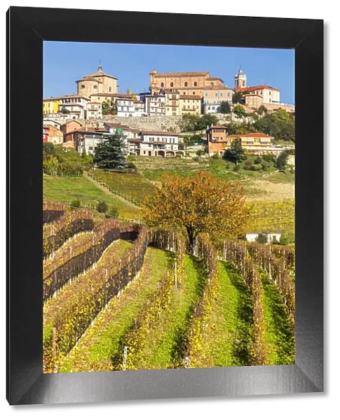 The village of La Morra from the vineyards in autumn. Barolo wine region, Langhe