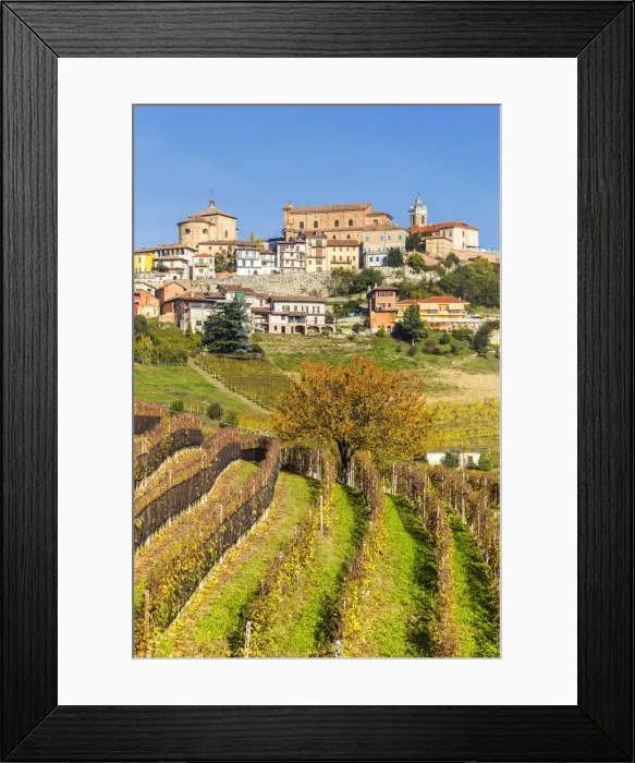 Framed Print : The village of La Morra from the vineyards in autumn. Barolo wine region, Langhe Framed Print : The village of La Morra from the vineyards in autumn. Barolo wine region, Langhe